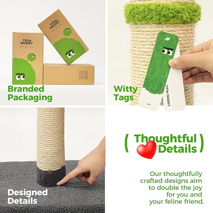 TINYBEAST 34" Tall Cat Scratching Post, Cat Scratcher Featuring Natural Sisal Rope, Cat Tree with Interactive Plush Toy Ball and Stable Base for Indoor Large Adult Cats & Kittens(Grey)