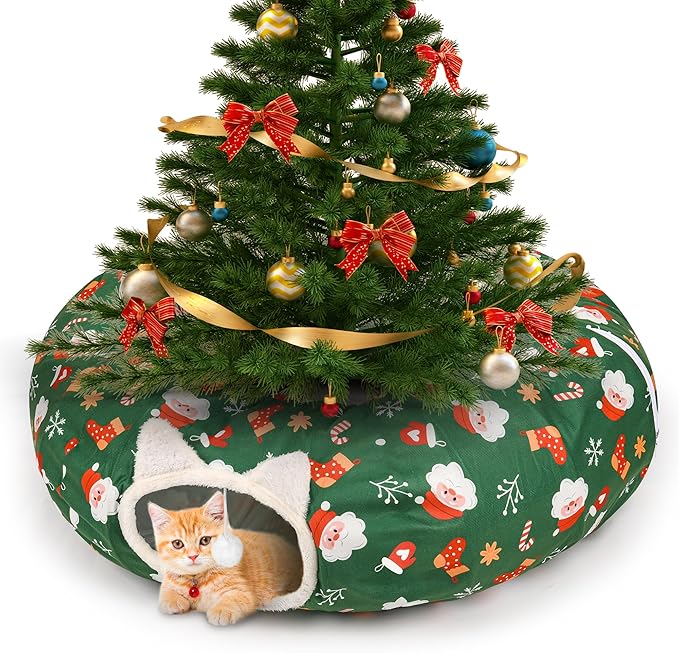 Christmas Cat Tunnel Bed in 3FT x 3FT x 10IN-Cute Cat Tube Christmas Tree Skirt with Ball,Foldable Round Pet Toy with Washable Mat for Keeping Indoor Cats Off Xmas Tree, Green