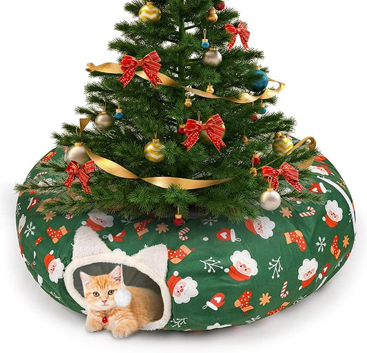 Christmas Cat Tunnel Bed in 3FT x 3FT x 10IN-Cute Cat Tube Christmas Tree Skirt with Ball,Foldable Round Pet Toy with Washable Mat for Keeping Indoor Cats Off Xmas Tree, Green