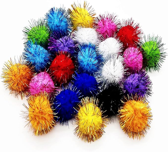 60 Pcs Cat Ball Toys, 1.8 Inch Sparkle Tinsel Glitter Pom Pom Ball Cat's Favorite Toys, Random Color