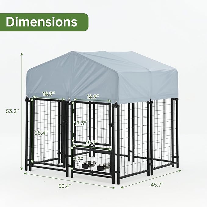 Outdoor Dog Enclosure Heavy Duty Dog Kennel House Mesh Dog Big Cage Pet Kennel Steel Fence with Secure Lock and UV-Resistant Waterproof Roof Cover for Outside (4x4x6 FT)