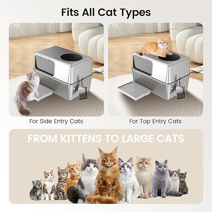 Stainless Steel Litter Box with Lid, Enclosed Metal with High Sides, Large Cat Litter Box, Dog-Proof, Odor Control, Easy to Clean,Durable with Round Edge (Offset Opening)