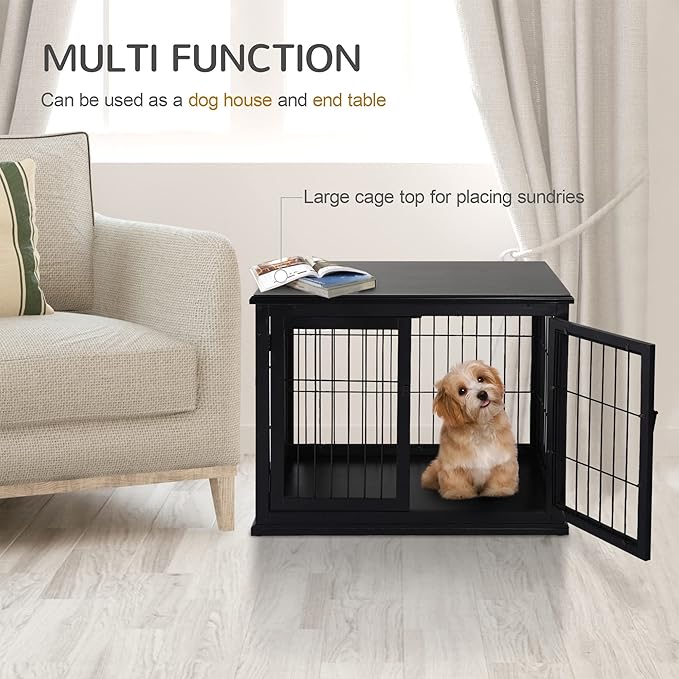 PawHut Dog Crate Furniture, Small Dog Cage End Table with Two Opening Sides, Lockable Door, Puppy Kennel Indoor, Cute and Decorative, Black