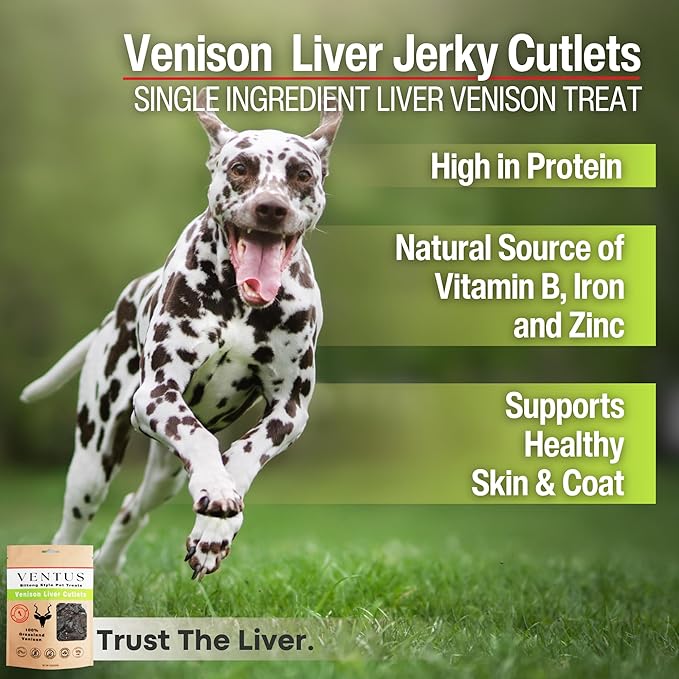 VENTUS Dog Training Treats - Single Ingredient Venison Jerky Liver Treats, All Natural, Air Dried, Low Fat, High Value Training Treats for Dogs, Organic, 8 oz