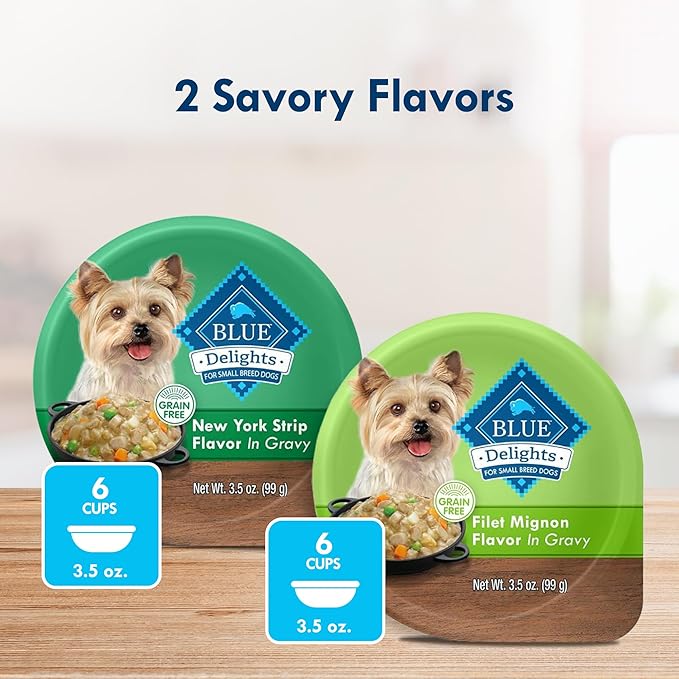 Blue Buffalo Delights Natural Adult Small Breed Wet Dog Food, Variety Pack, Made with Natural Ingredients, Filet Mignon & New York Strip Recipe in Hearty Gravy, 3.5-oz. Cups (12 Count, 6 of Each)