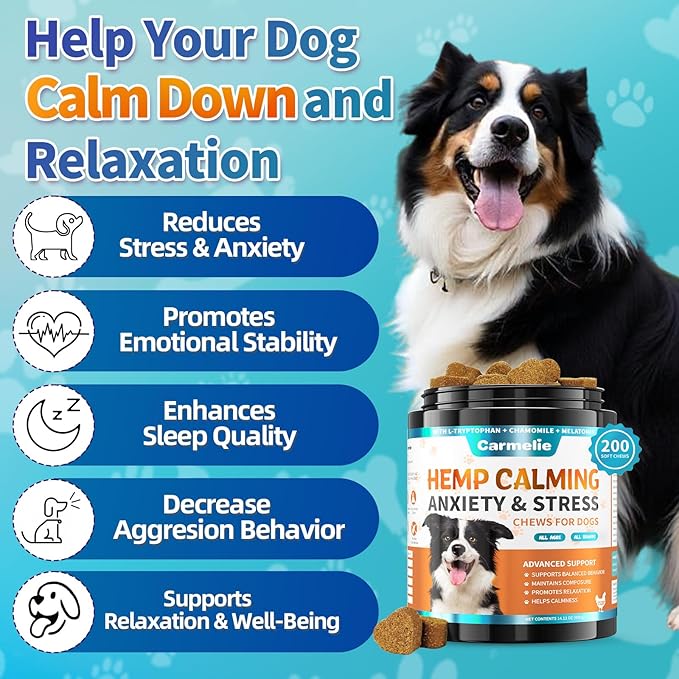 Hemp Calming Chew for Dog - 200 Chews Dog Calming Treats -Dogs Anxiety & Stress Relief Valerian Root Chamomile Melatonin for Separation, Barking, Stress & Slee- Chicken Flavor