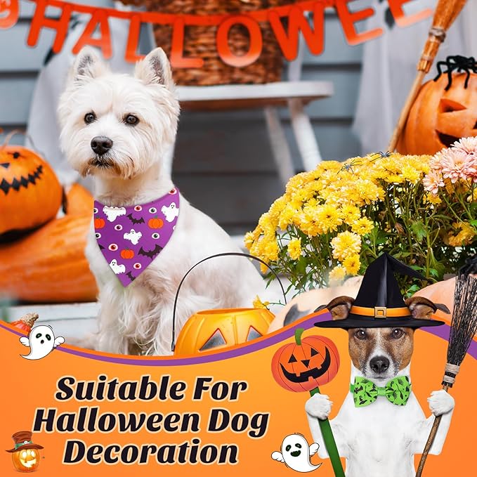 Sanwuta 50 Pcs Halloween Dog Bandanas and Collar Bow Ties Set 25 Bandanas Bulk 25 Charm Dog Collar Pet Pumpkin Triangle Pet Scarf Bowtie for Small Medium Large