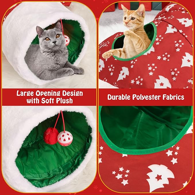 Pawaboo Cat Tunnel Christmas Sock with Bell Balls, Upgraded 2 Way Cat Tunnel Interactive Toy, Pet Xmas Stocking with Crinkle Paper & Strong Spring-Steel Frame for Cat Kitten Kitty, Red Christmas Tree