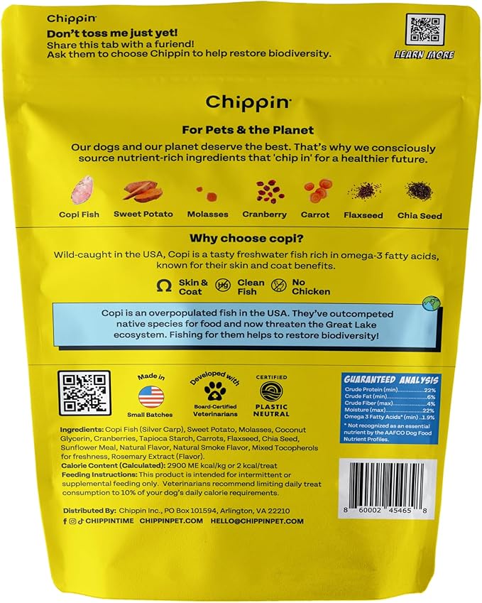 Chippin Fish & Sweet Potato Dog Training Treats (5oz, 1-Pack) | Natural Low-Fat, Low-Calorie Treats | Made in The USA | Grain-Free, Hypoallergenic, Chicken-Free Soft & Chewy Small Dog Treats