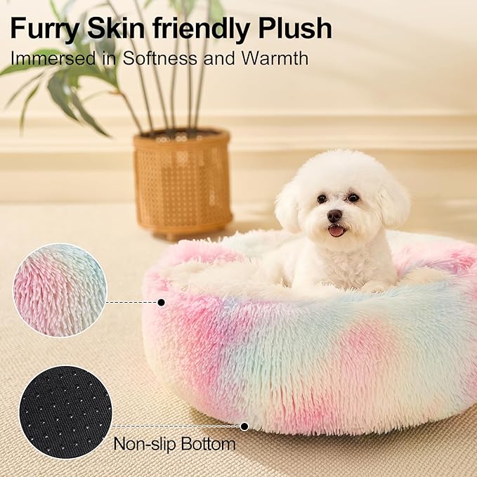 Calming Dog Beds & Cat Cave Bed with Hooded Cover,Removable Washable Round Beds for Small Medium Pets,Anti-Slip Faux Fur Fluffy Coved Bed for Improved Sleep,Fits up to 15/25 lbs(Colorful,M)
