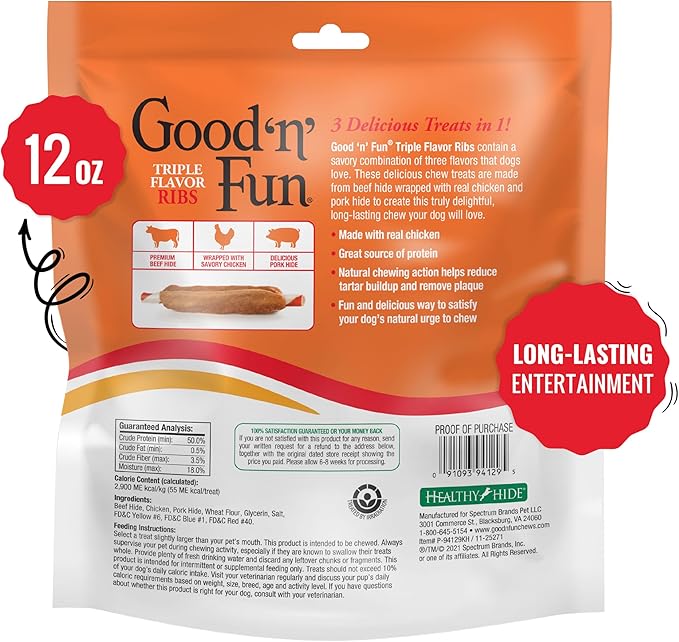 Good ‘n’ Fun Triple Flavor Ribs Chews for All Dogs, 12 Ounces, Treat Your Dog to Long-Lasting Chews Made with Beef Hide, Chicken and Pork Hide