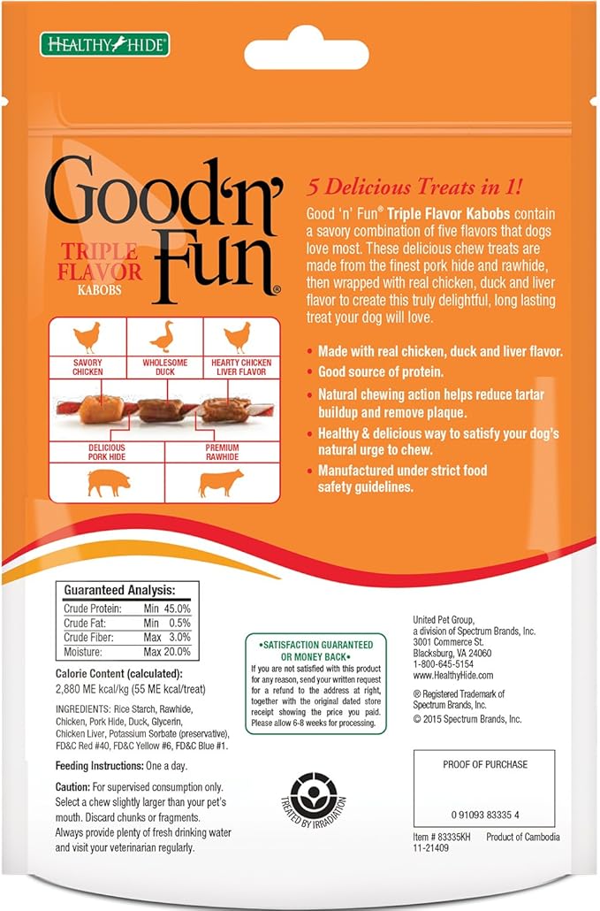 Good'n'Fun Triple Flavored Rawhide Kabobs for Dogs, 2 Pack, 4 oz