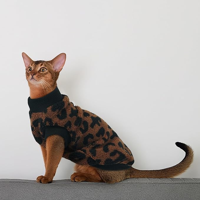 PUMYPOREITY Cozy Fleece Cat Sweater - Stretchy & Warm Knitted Cat Shirt, Super Soft Kitten Sweater, Machine Washable Pet Clothing for Comfort & Style, Brown, XL