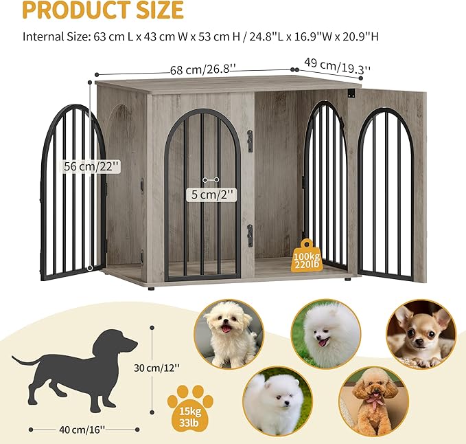 26.8'' Wooden Dog Crate Furniture, Indoor Dog Kennel Dogs Cage for Small Dogs, Heavy Duty Dog Crates Decorative Pet House End Side Table TV Stand, Greige DFC85505B