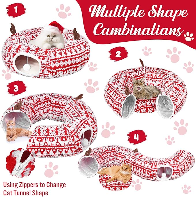 Christmas Cat Tunnel Bed with 8 Cat Toys Fluffy Plush Dog Tunnel Bed with Washable Cushion and Dangling Balls 3FT Multifunctional Playground for Small Medium Large Rabbit(Snowflake,Red)