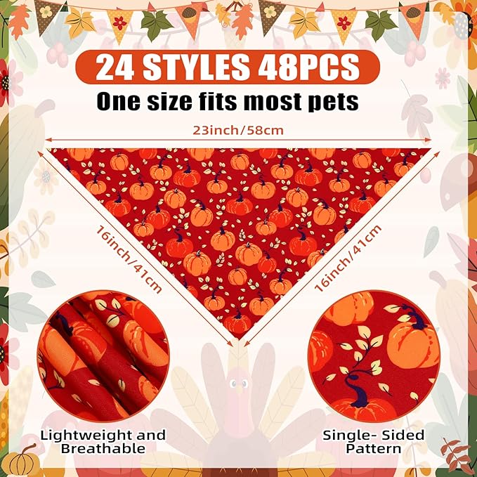 Sanwuta 48 Pcs Dog Bandanas Bulk Pet Bibs Colorful Scarf Pet Bandanas Handkerchief Scarf Breed Accessories for Small Medium Large Dogs Girl Boy Adjustable Puppy Bandana Breed Bib (Thanksgiving)