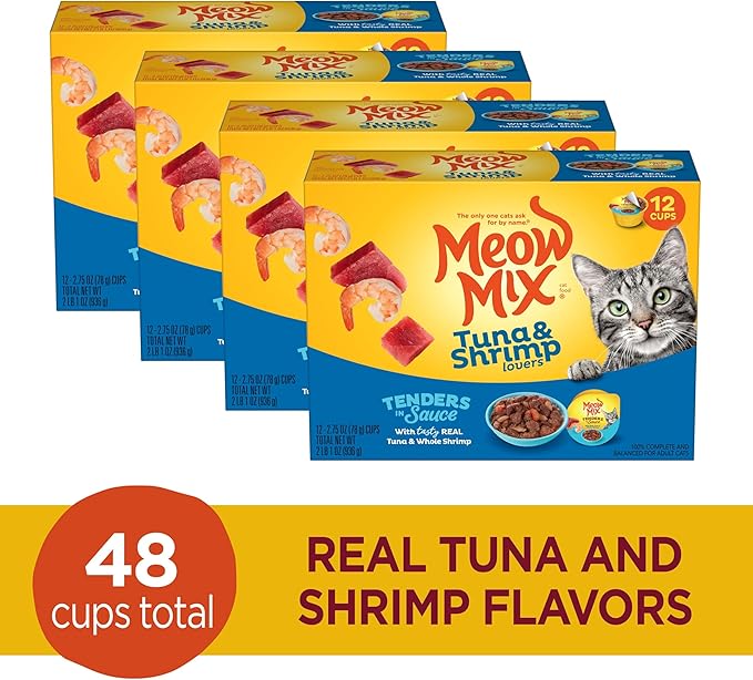 Meow Mix Tenders in Sauce Wet Cat Food, Tuna & Shrimp, 2.75 Ounce Cup (Pack of 48)
