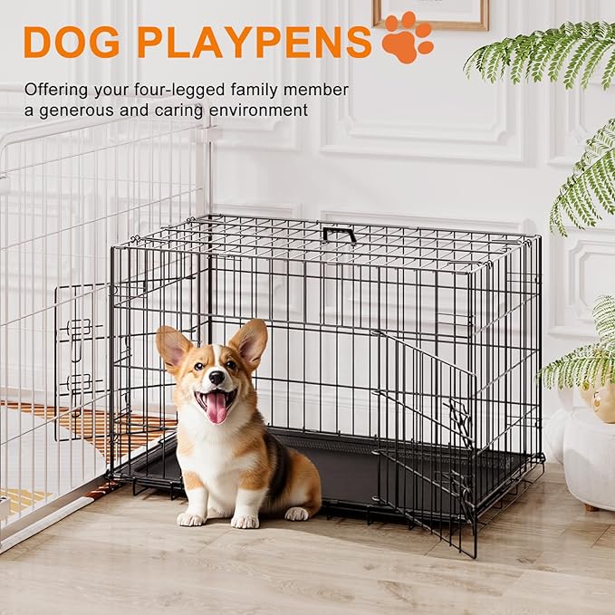 FDW 30inch Dog Crate Pet Cage with Metal Folding Design Plastic Tray Indoor Outdoor Dog Kennel Cage for Small and Medium Dogs,Black