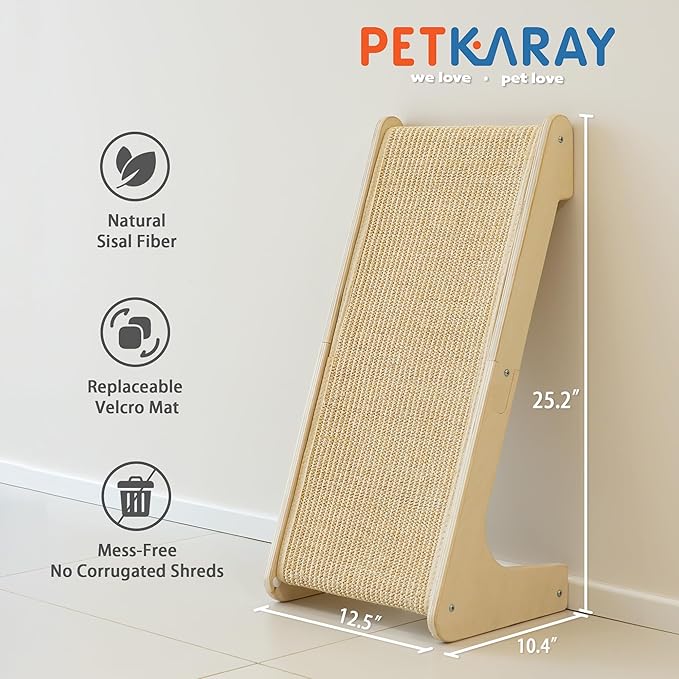 PETKARAY L Shape Cat Scratcher, Sisal Kitty Scratching Ramp, Vertical Scratch Pad for Indoor Cats, 25.2" Furniture Protector with Catnip, Classic