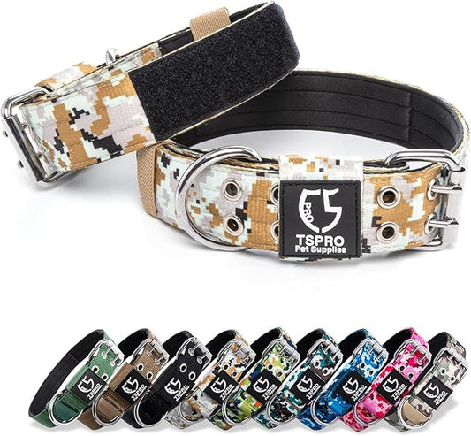 TSPRO Tactical Dog Collar, Adjustable, with Patch & Double Needle Metal Buckle, Heavy Duty for Medium to Large Dogs, Durable for Walking, Running, Hiking & Training (Camo Khaki M+)