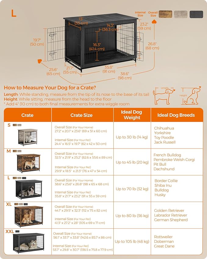 Feandrea Dog Crate Furniture, 38.6" Side End Table, Modern Kennel for Dogs Indoor up to 70 lb, Heavy-Duty Dog Cage with Multi-Purpose Removable Tray, Double-Door Dog House, Ink Black UPFC003B01