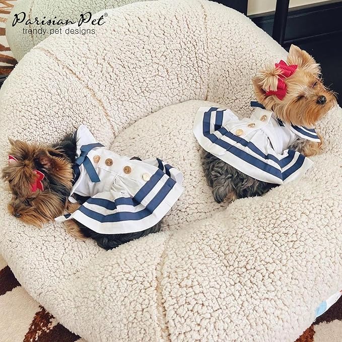 Parisian Pet Dog Dress - Lightweight Sailor Outfit - Breathable Summer Clothes - Pure Cotton White and Blue Dress - XS for Small Dogs Girl