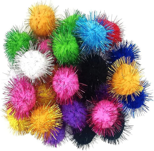 60 Pcs Cat Ball Toys, 1.8 Inch Sparkle Tinsel Glitter Pom Pom Ball Cat's Favorite Toys, Random Color