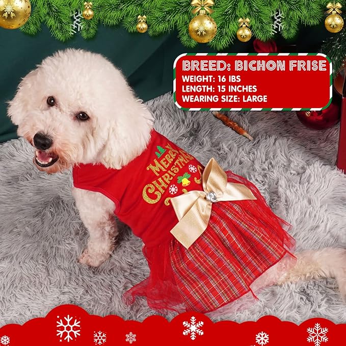 cyeollo Christmas Dog Dress Holiday Theme Plaid Dog Dresses for Small Dogs Doggie Bowtie Girl Puppy Clothes Cat Apparel