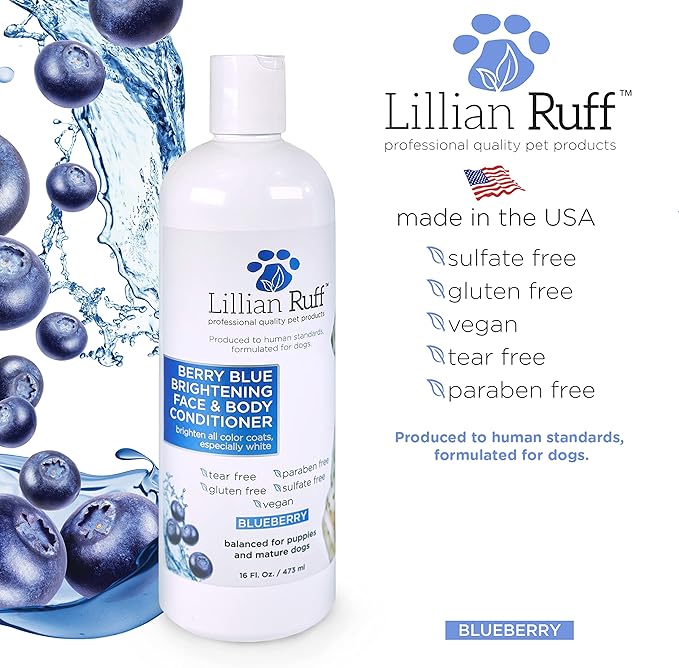 Lillian Ruff PRO Formula Berry Blue Brightening Dog Shampoo & Conditioner Set - Professional Show-Quality Whitening, Stain & Odor Eliminator, Hydrating Relief for Dry Skin, ProVitamin B5, USA Made