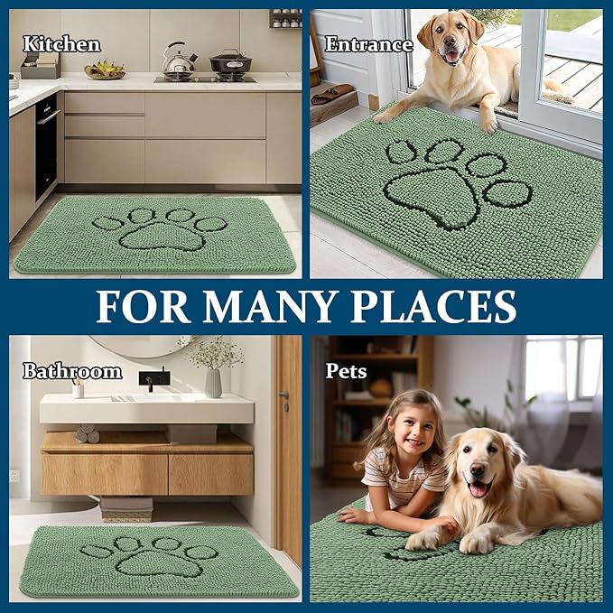 OLANLY Dog Door Mat for Muddy Paws 30x20, Paw Print Design, Absorbs Moisture and Dirt, Non-Slip Washable Doormat, Quick Dry Chenille Mud Mat, Entry Indoor Entryway Carpet, Olive Green and Black
