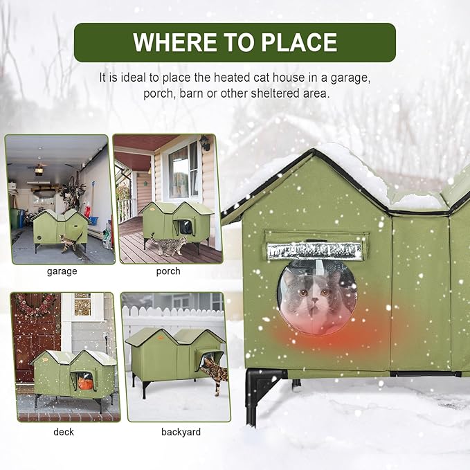 Heated Outdoor Cat House Weatherproof for Winter - Extra Large Heated Cat House for Outside, Elevated Bed, Escape Door, Fully Insulated Feral Cat Shelter for Multiple Cats Small Dogs, Easy Assembly