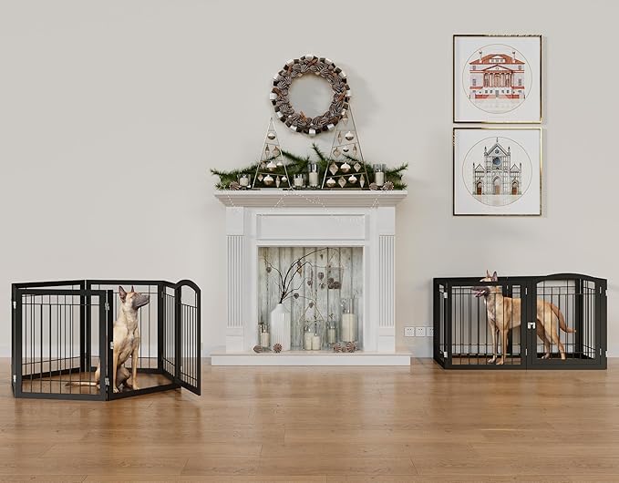 Vantas Folding Pet Gate 144" Wide, 30" Tall No-Assembly Metal Dog Gate, Freestanding Wire Pet Gate, Pet Puppy Safety Fence, Extra Wide with 2PCS Support - Black