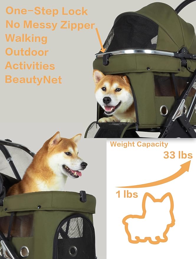 JK Pawadore 4 Wheels Pet Stroller Best Lightweight Foldable Portable Secure Easy Lock NO-Zip 180 ̊ Canopy Sun Shades Waterproof for Small/Medium Dogs 33lbs with Large Storage Basket (Army Green)
