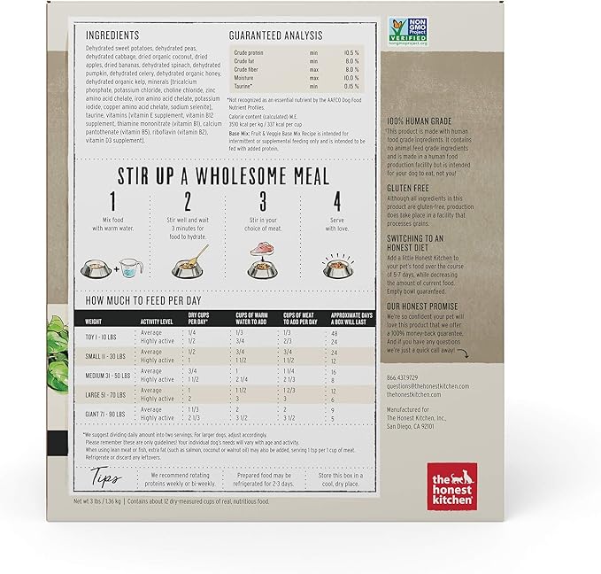 The Honest Kitchen Dehydrated Grain Free Fruit & Veggie Base Mix Dog Food (Just Add Protein), 3 lb Box