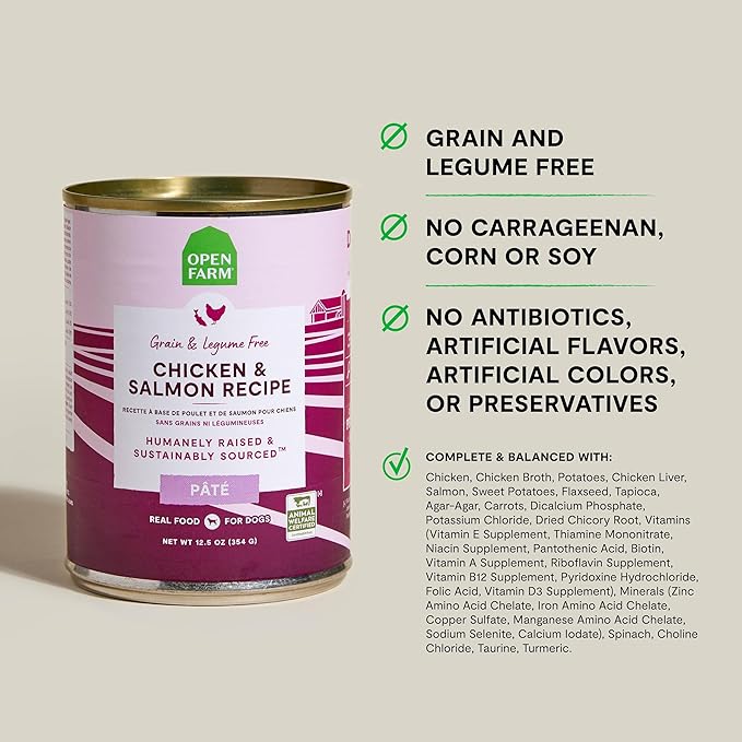 Open Farm Canned Dog Food, Pate for Complete & Balanced Nutrition, Grain Free and Legume-Free, Chicken & Salmon Recipe, 12.5oz Cans (Pack of 12)