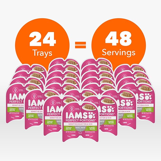 IAMS Perfect Portions Sensitive Digestion & Skin Adult Wet Cat Food Pate, Turkey Recipe, 2.6 oz. Easy Peel Twin-Pack Trays (24 Count, 48 Servings)