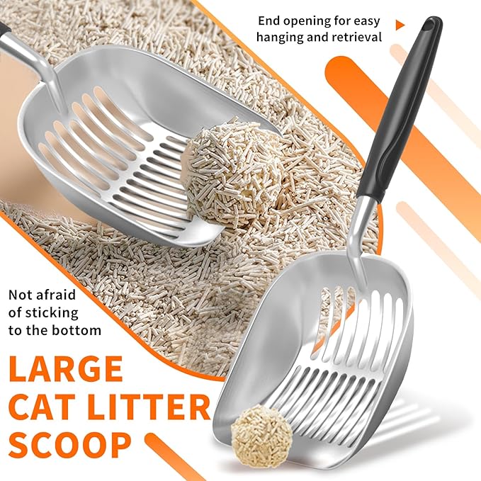 Cat Litter Scoop, Aluminum Alloy Sifter, Kitty Metal Scooper, Deep Shovel, Long Handle, Poop Sifting, Kitten Pooper Lifter, Durable, Heavy Duty, for Litter Box (Big-Black)