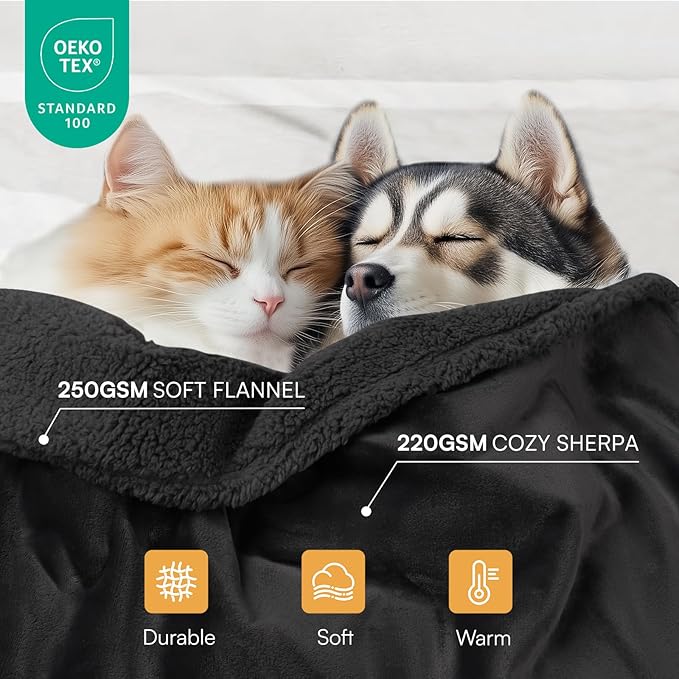 Waterproof Pet Blanket, Liquid Pee Proof Dog Blanket for Sofa Bed Couch, Reversible Sherpa Fleece Furniture Protector Cover for Small Medium Large Dogs Cats, Black X-Large（85" x 57"）