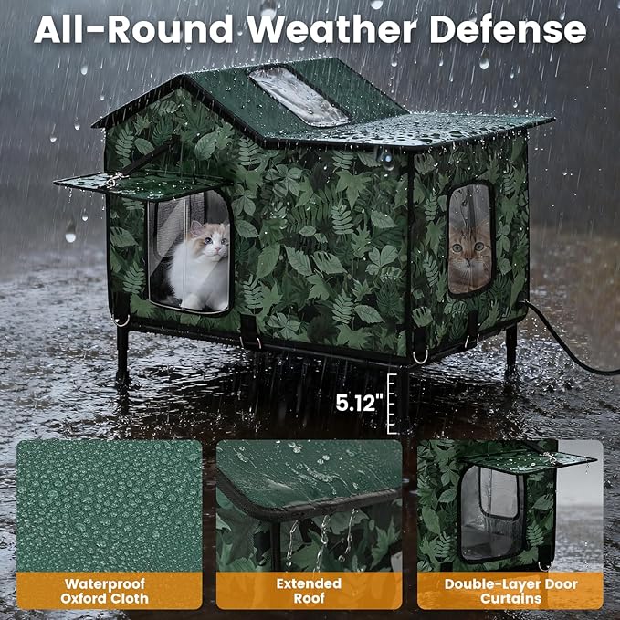 Heated Cat House for Outside in Winter, Weatherproof & Insulated Large Cat Shelter with Heated Cat Bed and 2 Safe Escape Doors for Multiple Stray/Feral Cats(Leaf Pattern, 27.6"x19.3"x21.3")