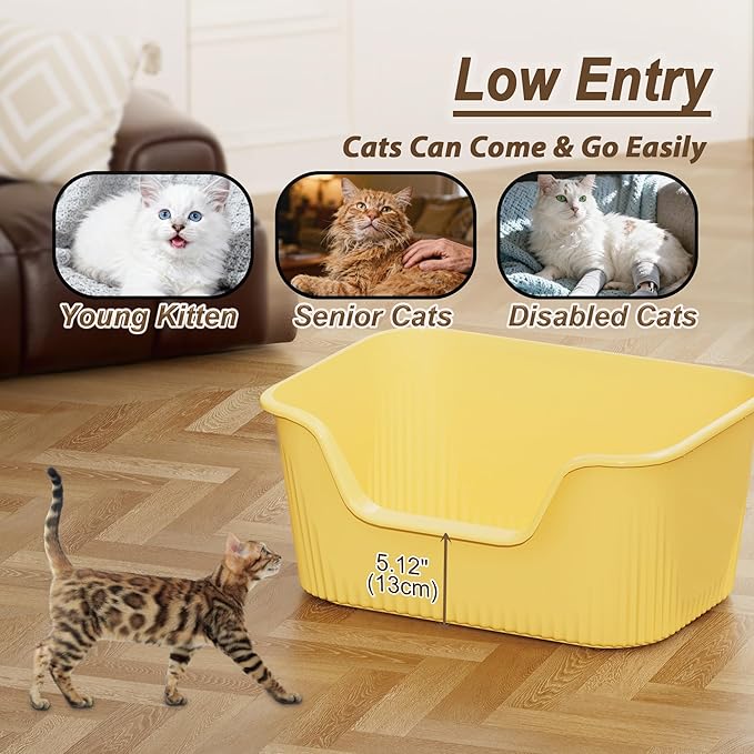 Large Cat Litter Box with High Sides 21.5 * 16.1 * 10.4 inches Big Litter Boxes for Large Cats Easy Clean Open Litter Box, Anti-Splashing&Leak-Proof, Yellow