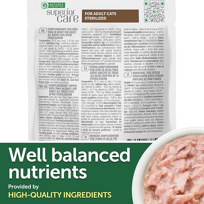 Nature's Protection Wet Cat Food in Gravy - High Protein, Natural & Soft Tuna Fish Shreds for Sterilized Adult Cats - Can-Free Convenient Pouches 2.46-oz (Superior Care - 24 Pack)