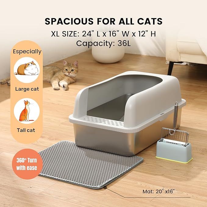 Stainless Steel XL Cat Litter Box for Big Cats- Metal Extra Large Litter Box with Lid, Include Metal Litter Scoop,Mat. High Sided with Guard Prevent Splashing. No Smell, Always New After Clean.