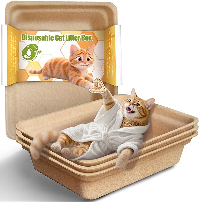 Disposable Litter Boxes for Cats Leak-Proof: 3-Pack Odor Control Sustainable Large Kitty Tray for Travel/Indoor Use