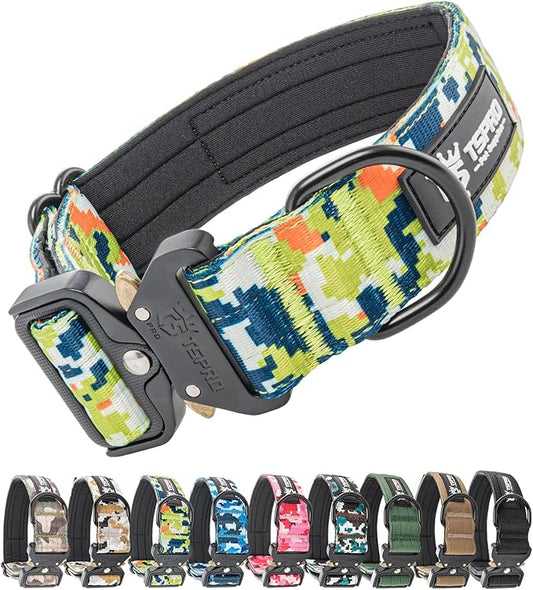 TSPRO Premium Dog Collars Tactical Dog Collar with Patch and Heavy Duty Quick-Release Metal Buckle Durable Thick and Adjustable for Medium to Large Dogs (Camo Green L)