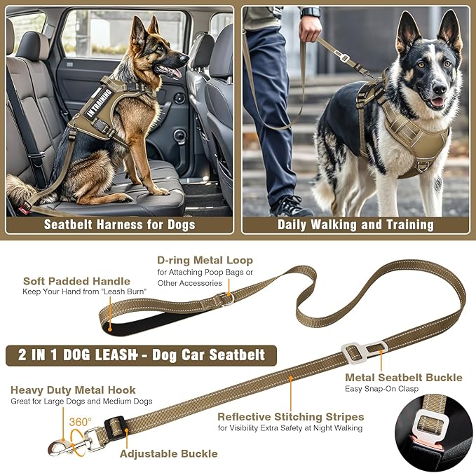 Tactical Dog Harness and Leash Set for Large Dogs,Heavy Duty No Pull Service Dog Vest and 10 Patches with Dog Seat Belt,Reflective Adjustable Pet Harness for Training Walking Hiking Brown L