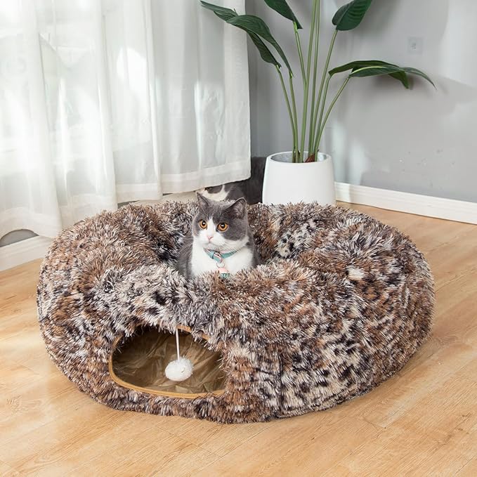 LUCKITTY Warm Fluffy Plush Cat Dog Tunnel Bed with Washable Cushion- Big Tube Playground Toys 3 FT Diameter Collapsible, for Indoor Cat Kitty Kitten Puppy Rabbit Ferret Leopard Print
