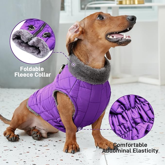 Warm Fleece Dog Coats with Durable Harness Buitl in D-Ring,Waterproof Puppy Jacket for Small Dogs,Dog Vest for Cold Winter,Purple M