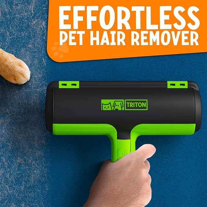 Triton Pet Hair Remover w/Fur Trapping Compartment - Easy to Use Pet Hair Removal Tool - Detachable Handle Cat & Dog Hair Remover for Car, Furniture, Clothes, Couch - Reusable Lint Roller (Green)