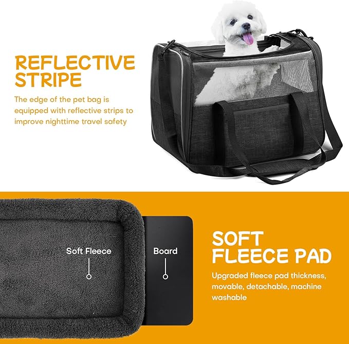 Cat Carrier Soft-Sided for Large Cats, Dog Carriers for Small Dogs, Airline Approved Pet Travel Carrier for Cats Puppies up to 16Lbs with Safety Zippers Foldable Bowl, 18x12.5x14.2, Black