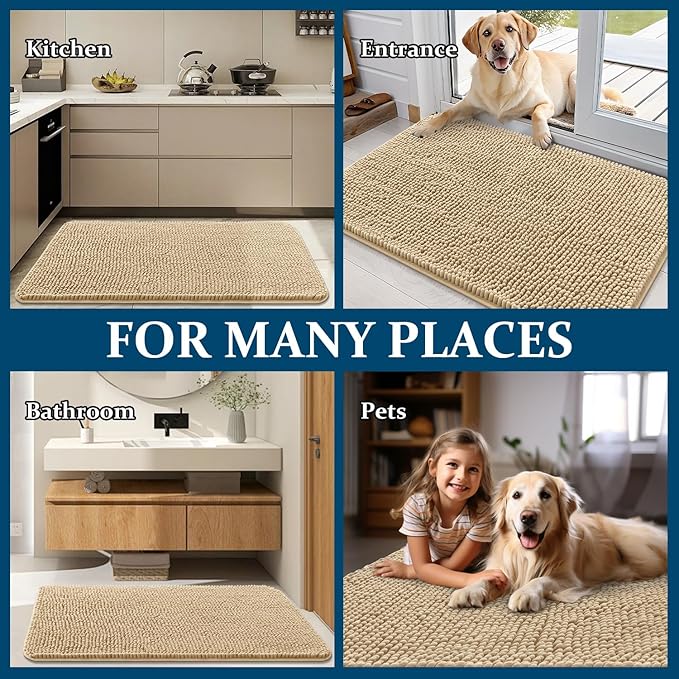 OLANLY Dog Door Mat for Muddy Paws 45x27, Absorbs Moisture and Dirt, Absorbent Non-Slip Washable Doormat, Quick Dry Chenille Mud Mat for Dogs, Entry Indoor Entryway Carpet for Inside Floor, Beige